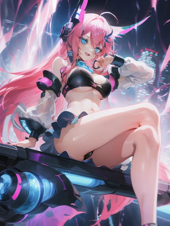 ((masterpiece)), ((best quality)), (Very detailed), ((Kawaii)), charming的, (charming), ((y)), ((Very detailed)), 4k, (8K), best quality, (beautiful), (Anime style:1.2), Flat Color, , rest, Dynamic poses ((National Foundation)), rest, Upper Body, grade, Beautiful girl with Pink Hair，disheveled hair，long Pink Hair, hammerhead shark, White pupil，The legs are very thin，Very long legs, Blue eyelashes, ​masterpiece, rest, 1 girl ((20 years old)), Cyberpunk, Black bikini, The role played by Hanji Mili, Bangs, Dressed to perfection, thigh, have, Fortnite, Uterus tattoo, rest, Large Bremile, open mouth, long hair, hammerhead shark, (Pink Hair, Deep blue eyes:1.2), Bright Eyes, (Perfect eyes:1.2), (Perfect iris:1.2), rest, (Cool), rest, sparkling, Super shiny figure, sparkling, Cute face, Kawaii, Large Breasts, fr, disheveled hair, rest, Gray background , ((low shooting angle, Ground view)) High and high，Thin, 8K, From surrealism, Official Art, National Foundation，pretty short skirt，sit，Expose a beautiful ass