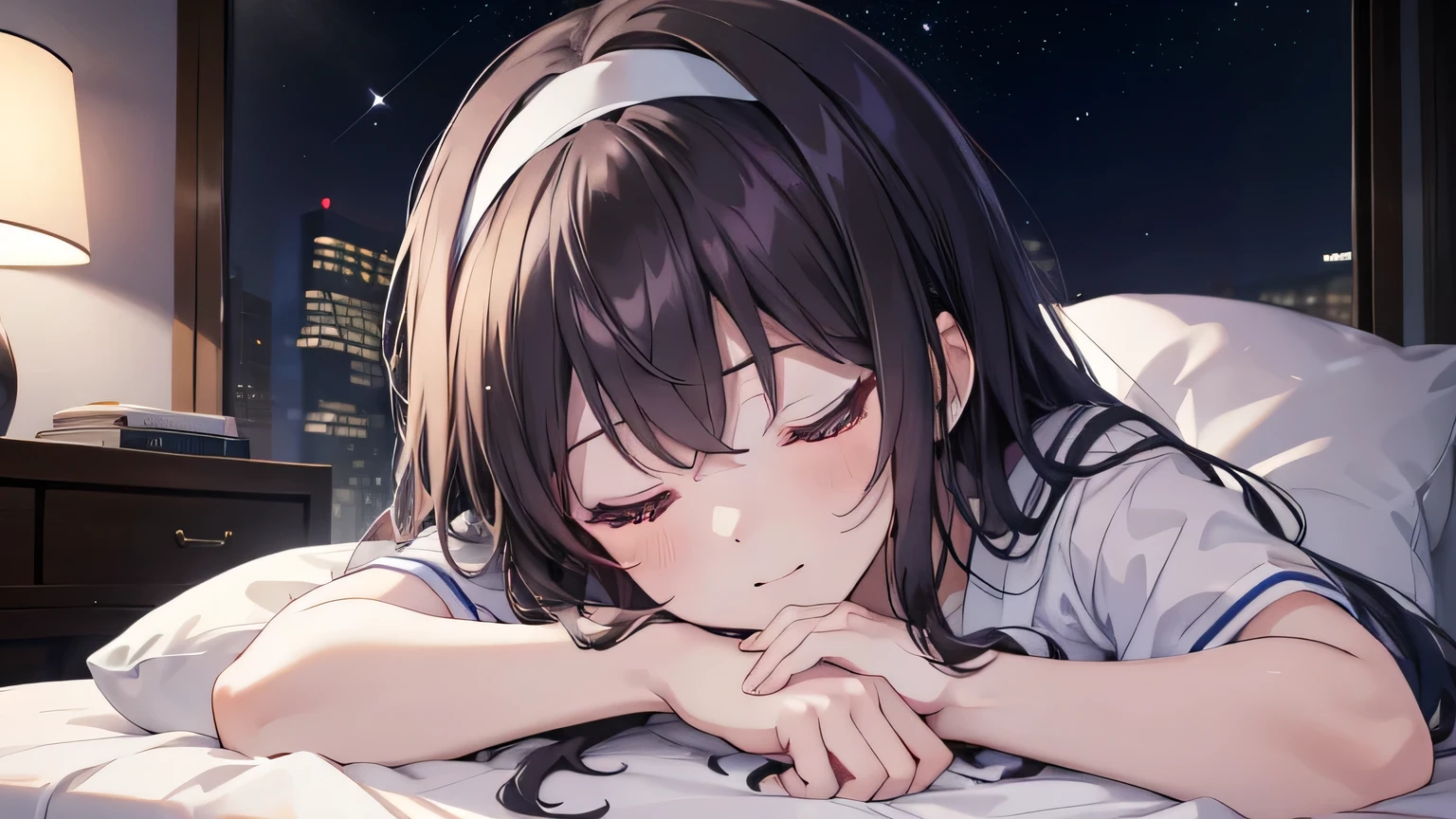 Commercial purposes, utaha kasumigaoka, Black Hair, Long Hair, smile,Windows,Romantic Starry Sky,Sleep with both eyes closed,A meteor crosses,T-Shirts,Black string underwear,Sleeping in bed,night,moonlight,Sleep with your head on the pillow,Sleeping lying on your back in bed,Dark Room, barefoot
break indoors,Bedroom,
break (masterpiece:1.2), highest quality, High resolution, unity 8k wallpaper, (shape:0.8), Highly detailed face, Perfect lighting, Highly detailed CG, (Perfect hands, Perfect Anatomy), White headband