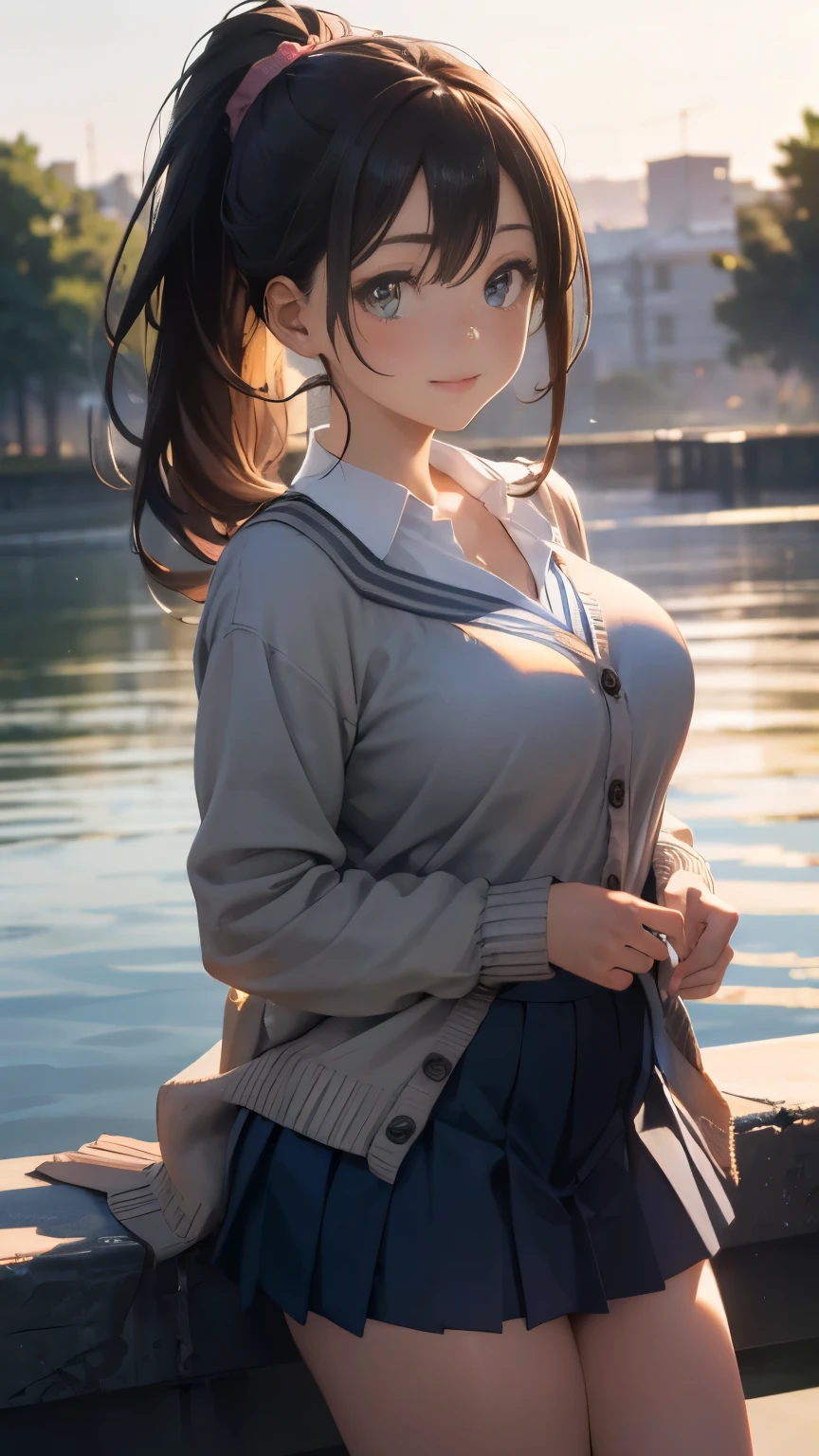 nsfw,(masterpiece:1.2, highest quality), (Realistic, photoRealistic:1.4), Beautiful illustrations, (Natural Side Lighting, Cinema Lighting),
View Viewer, Cowboy Shot, Front view:0.6, 1 girl, Japanese, high school girl, Perfect Face, Cute and symmetrical face, Shiny skin,
(Long Hair:1.4, High Ponytail:1.7, Light brown hair), Hair between the eyes, Emerald green eyes, Long Eyelashes, (Big Breasts:0.9, Thick thighs),
Beautiful Hair, Beautiful Face, Beautiful fine details, Beautiful clavicle, Beautiful body, Beautiful breasts, Beautiful thighs, Beautiful feet, Beautiful fingers,
((White collared shirt with long sleeves, Navy pleated mini skirt, Navy them, Light Gray Cardigan)), Showing off her pink panties、
(Beautiful views), evening, River side, (Cute smile, Upward glance), She's lifting up her skirt:1.5、Don't show your teeth、Showing off her breasts:1.5、The button is unbuttoned、Clothes are open、Open the shirt