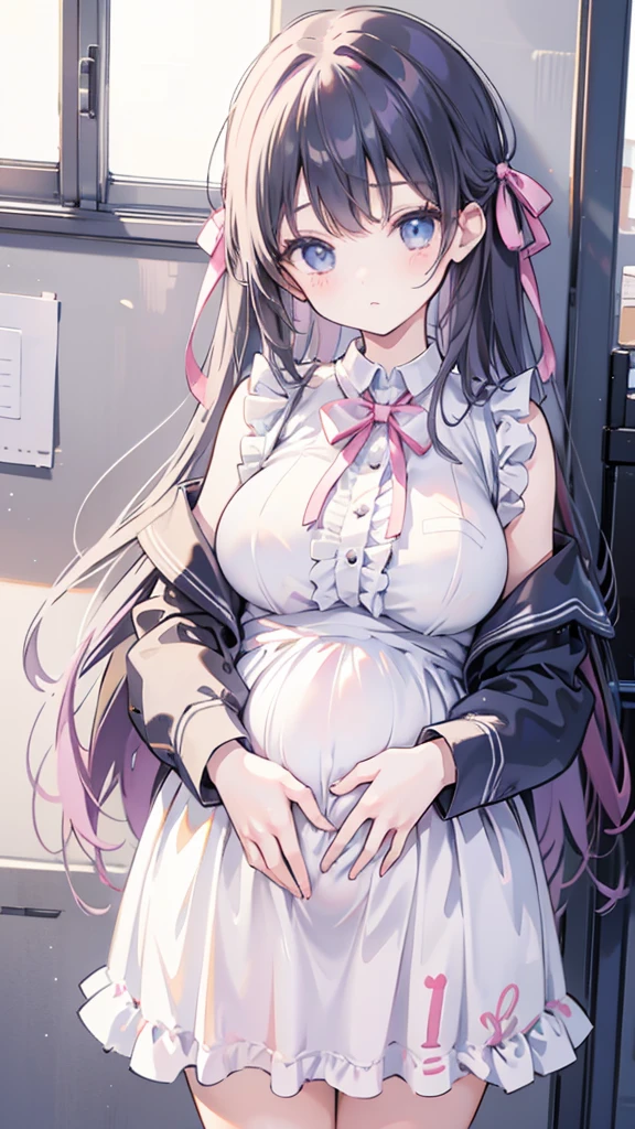 high school girl、uniform、girl、cute、Frills、ribbon、pregnancy、Big Breasts、