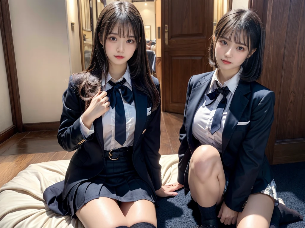 (8K, Raw photography, top-quality, ​masterpiece:1.2), master piece, best quality, illustration, Super detailed, fine details, High resolution, 8K,wall paper, perfect dynamic composition,(Details High quality, realistic depiction of eyes:1.3), ((2 girls, 2 schoolgirls)), The background is a luxury hotel room、High school girl uniform、blazer 、Super Short Check Uniform Skirt、Navy blue high socks、garterbelts、Colossal tits、Disturbed uniform, Play with each other,Touching each other's bodies,Touching the body of the girl next door, short bob hair, black hair color, huge breasts, Big Natural Color Lip, bold sexy pose, (perfect body shape), crying a little、cold gaze,  Beautiful makeup,glitter makeup,Cutest 18 years old, beautiful legs, hposing Gravure Idol, Voluptuous thighs