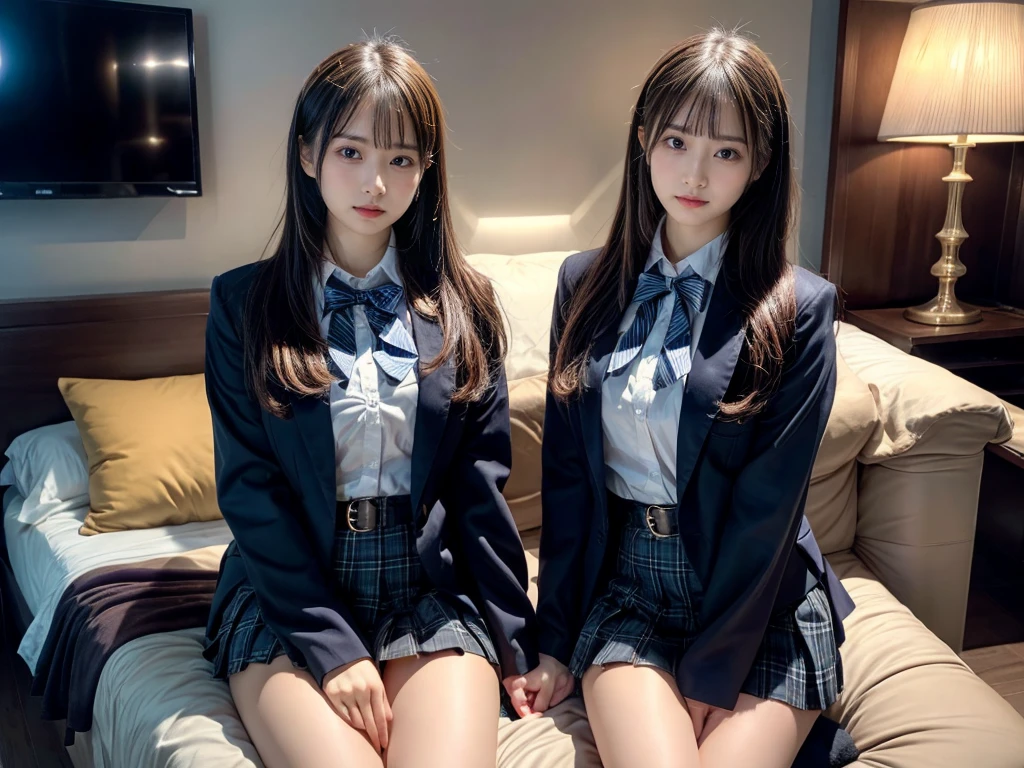 (8K, Raw photography, top-quality, ​masterpiece:1.2), master piece, best quality, illustration, Super detailed, fine details, High resolution, 8K,wall paper, perfect dynamic composition,(Details High quality, realistic depiction of eyes:1.3), ((2 girls, 2 schoolgirls)), The background is a luxury hotel room、High school girl uniform、blazer 、Super Short Check Uniform Skirt、Navy blue high socks、garterbelts、Colossal tits、Disturbed uniform, Play with each other,Touching each other's bodies,Touching the body of the girl next door, short bob hair, black hair color, huge breasts, Big Natural Color Lip, bold sexy pose, (perfect body shape), crying a little、cold gaze,  Beautiful makeup,glitter makeup,Cutest 18 years old, beautiful legs, hposing Gravure Idol, Voluptuous thighs