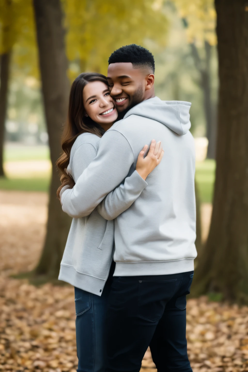 best quality, high resolution, ultra-detailed, extremely detailed, top quality,1girl, long hair, looking at viewer, smile, long sleeves, 1boy, jacket, hetero, outdoors, teeth, pants, hood, grin, blurry, tree, hug, hoodie, hood down, hug from behind, realistic, 