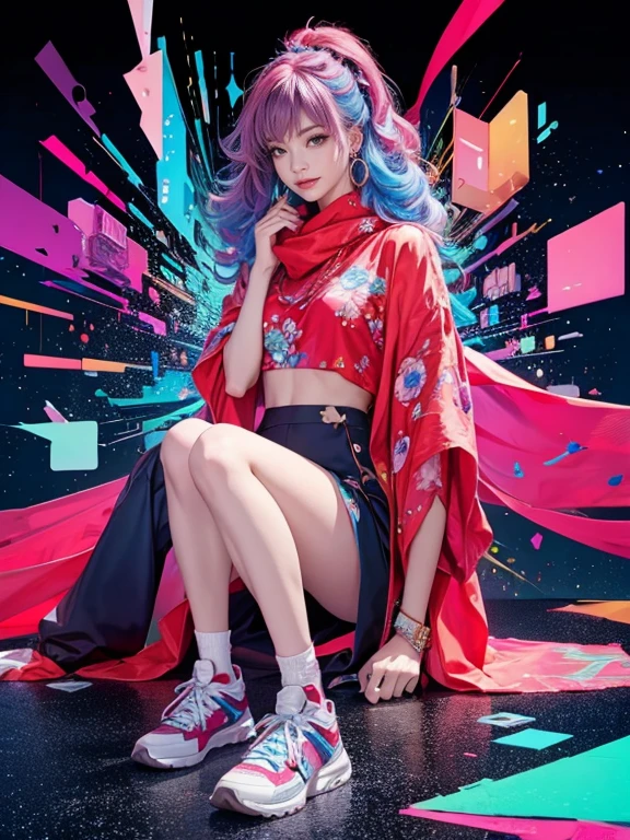 highest quality, Very detailed, masterpiece, 1 person,woman,(((完璧なwomanの体))),Very beautiful face, Very beautiful body,Gentle expression, Very beautiful eyes,(Perfect Makeup:1.1),Fashion Model,Cyberpunk Fashion,Curly Hair,Shaggy Hair,pink and blue hair:1.3, very thin body,Smart Abs,Monogram pattern,Gradation,Fractal Art Silk Suit,Two-tone high-top sneakers,A kind smile,Full body portrait,(Red and blue neon city background), (Shiny skin),(Earrings),Seesul,Elegant patterned long scarf,Extra long shawl,Haori,Thunder Sparkling,