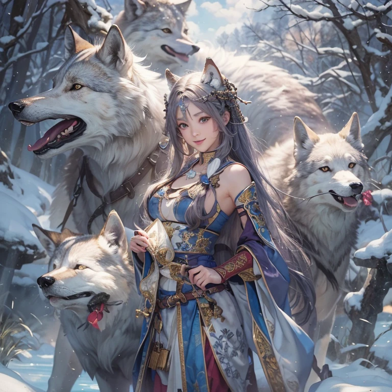Hiding in the snowy mountains、Hair flow、 ((highest quality、masterpiece、8k、Best image quality、Ultra-high resolution、Award-winning works)、(Accurate anatomy:1.1)、(Look at me and smile:1.1)、Shining fair skin with Ultra-high resolution、The most detailed face、Ultra-high resolution detailed face、Ultra-high resolutionの髪の毛、(Ultra-high resolutionの煌めく瞳:1.1)、Beautiful face drawn in every detail、Ancient Viking clothing, Chest to chest, tattoo, Old ruins in the background、Besides real wolves