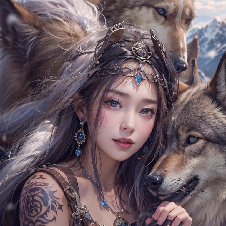 Hiding in the snowy mountains、Hair flow、 ((highest quality、masterpiece、8k、Best image quality、Ultra-high resolution、Award-winning works)、(Accurate anatomy:1.1)、(Look at me and smile:1.1)、Shining fair skin with Ultra-high resolution、The most detailed face、Ultra-high resolution detailed face、Ultra-high resolutionの髪の毛、(Ultra-high resolutionの煌めく瞳:1.1)、Beautiful face drawn in every detail、Ancient Viking clothing, Chest to chest, tattoo, Old ruins in the background、Besides real wolves