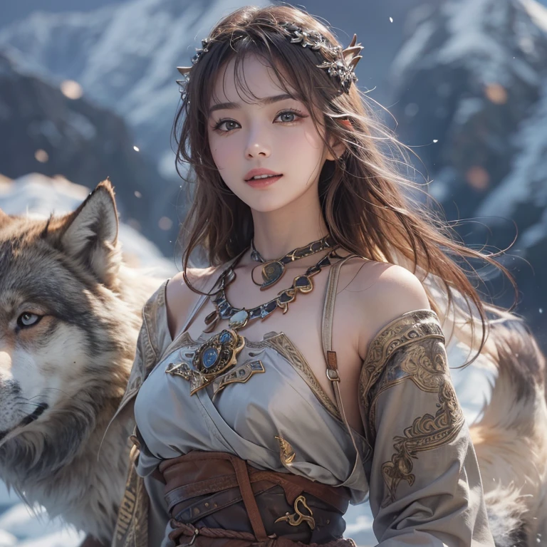 Hiding in the snowy mountains、Hair flow、 ((highest quality、masterpiece、8k、Best image quality、Ultra-high resolution、Award-winning works)、(Accurate anatomy:1.1)、(Look at me and smile:1.1)、Shining fair skin with Ultra-high resolution、The most detailed face、Ultra-high resolution detailed face、Ultra-high resolutionの髪の毛、(Ultra-high resolutionの煌めく瞳:1.1)、Beautiful face drawn in every detail、Ancient Viking clothing, Chest to chest, tattoo, Old ruins in the background、Besides real wolves