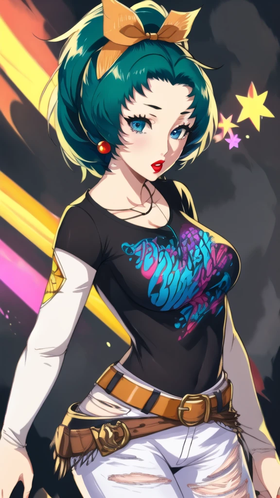 tina branford, 1girl, solo, black t-shirt, white shirt, blue jeans, belt, lipstick, large breasts, layered sleeves, green hair, hair ribbon, earrings