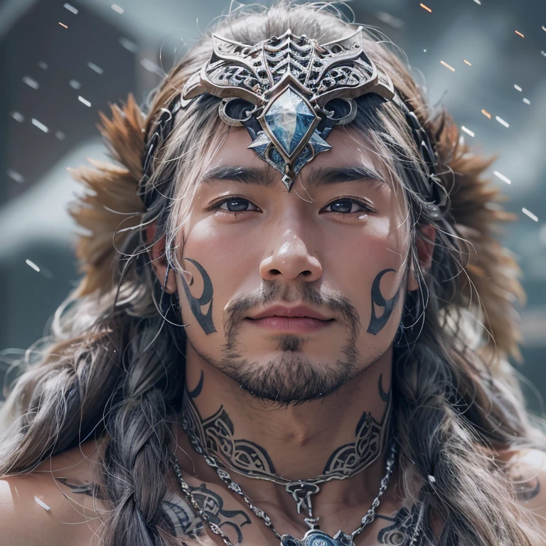 Hiding in the snowy mountains、Hair flow、 ((highest quality、masterpiece、8k、Best image quality、Ultra-high resolution、Award-winning works)、(Accurate anatomy:1.1)、(Look at me and smile:1.1)、Shining fair skin with Ultra-high resolution、The most detailed face、Ultra-high resolution detailed face、Ultra-high resolutionの髪の毛、(Ultra-high resolutionの煌めく瞳:1.1)、Beautiful face drawn in every detail、(Blurred Background:1.1)、Ancient Inuit clothing, Chest to chest, tattoo, Old ruins in the background、He is huge, A real hawk on his shoulder.. 