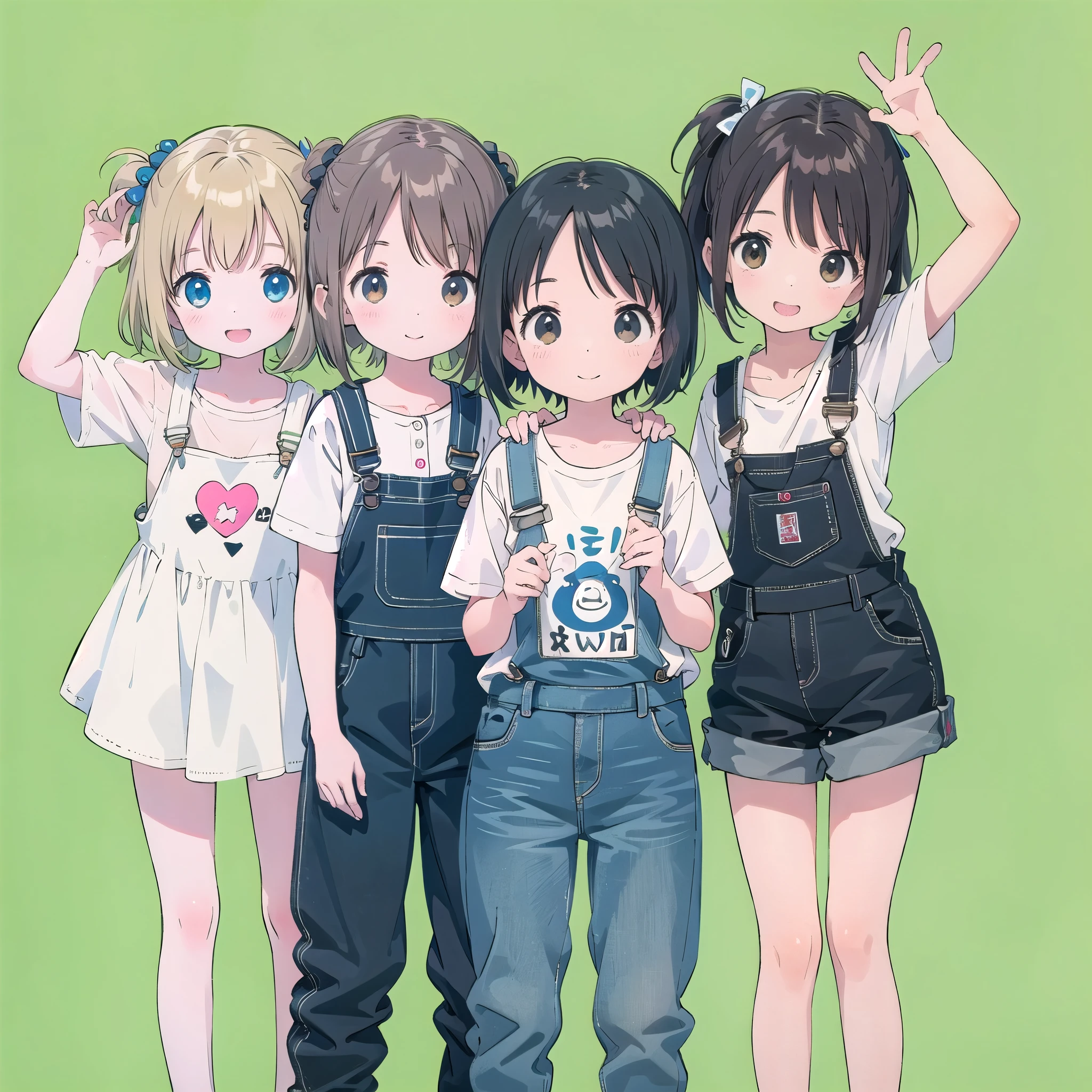 8-year-old、pretty girl、Overalls、A happy smile、Simple Background, Four Girls