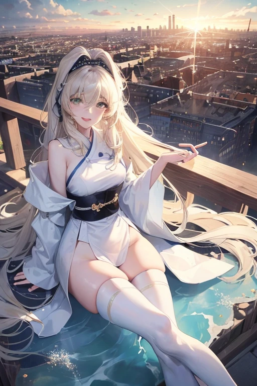 Official Art, masterpiece, Clear focus, (beautiful, Beautiful and cute Korean woman:1.3), (Beautiful and cute Korean:1.3), Korean beauty, 精致beautiful头发、Eyes and face, actual, Super detailed, beautiful女孩, Blue sky, Glowing white particles, (Side Light:1.2), Sunlight, White Cloud, Detailed clouds, Slim, Such a cute big ass, Smile with teeth bared, ((Smile with your eyes, Open your eyes)), landscape, Long straight hair, sexy facial expression, architecture, (city View:1.7), Dynamic Hair, very Long straight hair, Delicate platinum-blonde hair, Green Eyes, , Black socks, Pale skin, Hair accessories, epic landscape,,White high heels,Nice ass,beautiful buttocks,There's nothing under the skirt.,weight loss