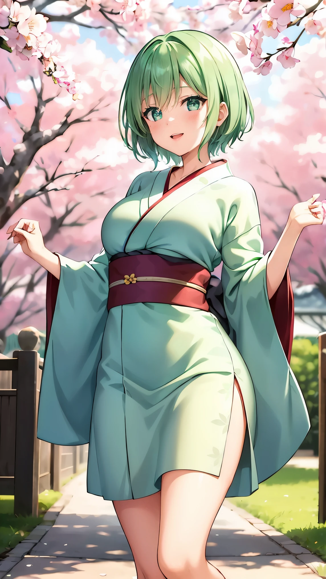 Girl with short green hair, Small breasts, Green Eyes, White Casual Wear Beauty Special、(((tits))),Full body photo from head to toe、Kimono、Patterned Japanese clothing、Cherry tree in full bloom、Fluttering petals、Dance、Dancer、Dancing on stage、Graceful Manners