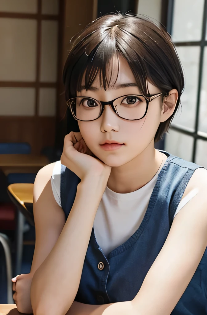 canteen,Glasses,{High school girls},japanese,noon,{perfection},{Thick eyebrows},{shorthair},Expressionless,Sitting with arms crossed,looking at the camera,tsurime,beautiful,(perfect face),(perfect body)