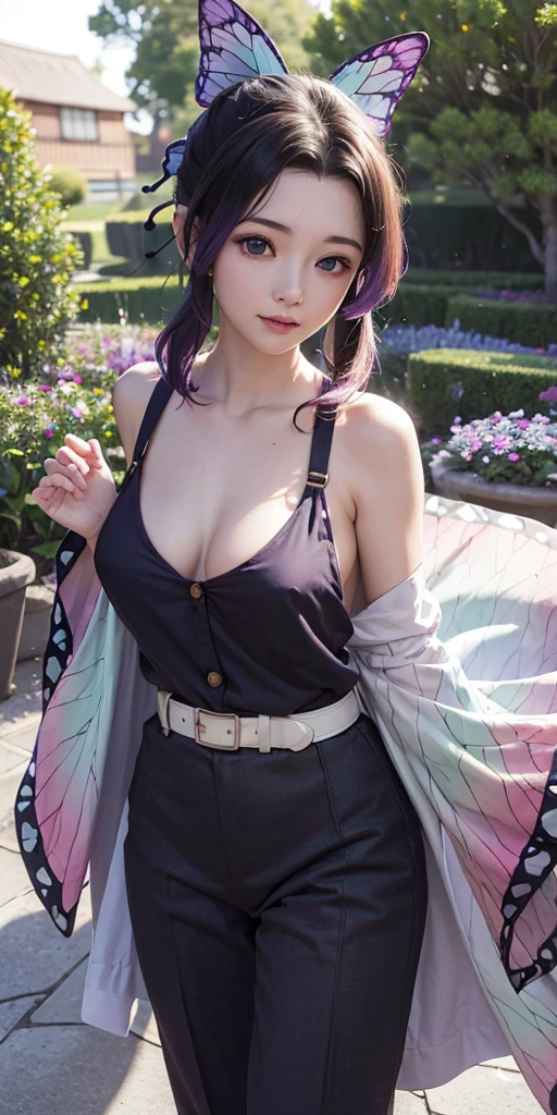 Ultra-realistic 8k CG,masterpiece,((ultra-detailed background, delicate pattern, intricate details)),best quality,very detailed face,extremely detailed eyes and face,extremely detailed eyes,kochou shinobu,multicolored hair,no bangs,hair intakes,purple eyes,forehead,black shirt,black pants,haori,butterfly,buttons,belt,(Garden:1.2),purple flower,chibi,cloudy sky,sunlight,Tindal effect,gradient_sky,face,Gorgeous sky,Waist Sabre,Charming posture,