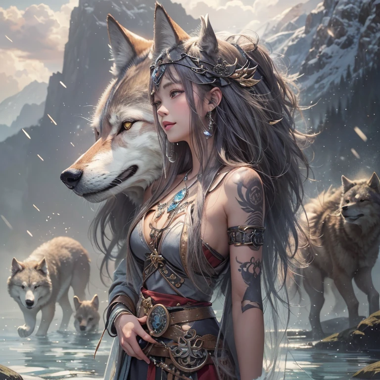 Lakeside surrounded by snowy mountains、Hair flow、 ((highest quality、masterpiece、8k、Best image quality、Ultra-high resolution、Award-winning works)、(Accurate anatomy:1.1)、(Look at me and smile:1.1)、Shining fair skin with Ultra-high resolution、The most detailed face、Ultra-high resolution detailed face、Ultra-high resolutionの髪の毛、(Ultra-high resolutionの煌めく瞳:1.1)、Beautiful face drawn in every detail、Ancient Viking clothing, Chest to chest, tattoo, A real wolf is by your side