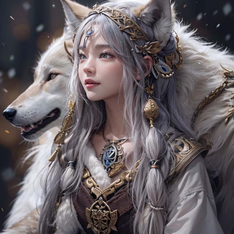 Lakeside surrounded by snowy mountains、Hair flow、 ((highest quality、masterpiece、8k、Best image quality、Ultra-high resolution、Award-winning works)、(Accurate anatomy:1.1)、(Look at me and smile:1.1)、Shining fair skin with Ultra-high resolution、The most detailed face、Ultra-high resolution detailed face、Ultra-high resolutionの髪の毛、(Ultra-high resolutionの煌めく瞳:1.1)、Beautiful face drawn in every detail、Ancient Viking clothing, Chest to chest, tattoo, A real wolf is by your side