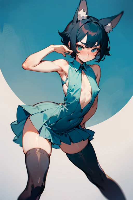 1 boy, boy, anime, femboy, femboy, black hair, short hair, boy short hair, boy hair, dress, sleeveless dress, sexy dress, pleated dress, aquamarine dress, dress short aquamarine, short dress, short dress, marked nipples on the dress marked nipples in the pectorals on the dress, sexy pose, long stockings, over the knee stockings, thigh high stockings, tight thigh stockings, black stockings, curvy body, short t-shirt, pose sexy, fox ears, fox teal, shy, down fox ears