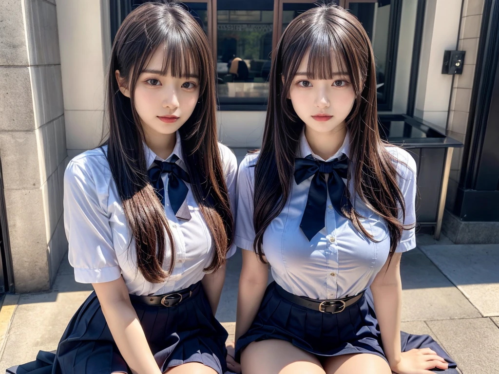 (8K, Raw photography, top-quality, masterpiece:1.2), master piece, best quality, illustration, Super detailed, fine details, High resolution, 8K,wall paper, perfect dynamic composition,(Details High quality, realistic depiction of eyes:1.3), ((2 girls, 2 schoolgirls)), The background is a luxury hotel room、High school girl uniform、blazer 、Super Short Check Uniform Skirt、Navy blue high socks、garterbelts、Colossal tits、Disturbed uniform, Play with each other,Touching each other's bodies,Touching the body of the girl next door, short bob hair, black hair color, huge breasts, Big Natural Color Lip, bold sexy pose, (perfect body shape), crying a little、cold gaze, Beautiful makeup,glitter makeup,Cutest 18 years old, beautiful legs, hposing Gravure Idol, Voluptuous thighs
