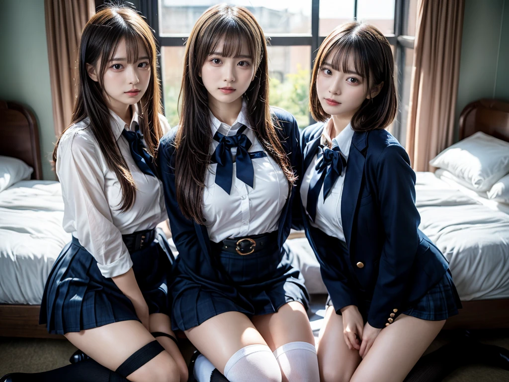 (8K, Raw photography, top-quality, masterpiece:1.2), master piece, best quality, illustration, Super detailed, fine details, High resolution, 8K,wall paper, perfect dynamic composition,(Details High quality, realistic depiction of eyes:1.3), ((2 girls, 2 schoolgirls)), The background is a luxury hotel room、High school girl uniform、blazer 、Super Short Check Uniform Skirt、Navy blue high socks、garterbelts、Colossal tits、Disturbed uniform, Play with each other,Touching each other's bodies,Touching the body of the girl next door, short bob hair, black hair color, huge breasts, Big Natural Color Lip, bold sexy pose, (perfect body shape), crying a little、cold gaze, Beautiful makeup,glitter makeup,Cutest 18 years old, beautiful legs, hposing Gravure Idol, Voluptuous thighs