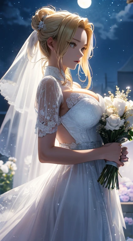 masterpiece, high quality, 4K, Beautiful design, silhouette,blonde,Side Tail, 非常に詳細な夜のStarry Sky,Flower Field, wonderful, Finer details, Very knowledgeable woman, Highly detailed solo, 1 female,Beautiful Eyes,Big Breasts,white prom dresses,Bouquet of roses,Night view,Starry Sky,full moon,