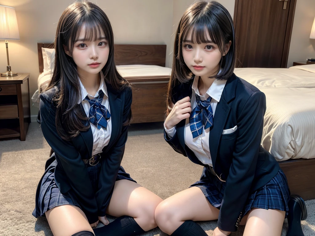 (8K, Raw photography, top-quality, masterpiece:1.2), master piece, best quality, illustration, Super detailed, fine details, High resolution, 8K,wall paper, perfect dynamic composition,(Details High quality, realistic depiction of eyes:1.3), ((2 girls, 2 schoolgirls)), The background is a luxury hotel room、High school girl uniform、blazer 、Super Short Check Uniform Skirt、Navy blue high socks、garterbelts、Colossal tits、Disturbed uniform, Play with each other,Touching each other's bodies,Touching the body of the girl next door, short bob hair, black hair color, huge breasts, Big Natural Color Lip, bold sexy pose, (perfect body shape), crying a little、cold gaze, Beautiful makeup,glitter makeup,Cutest 18 years old, beautiful legs, hposing Gravure Idol, Voluptuous thighs