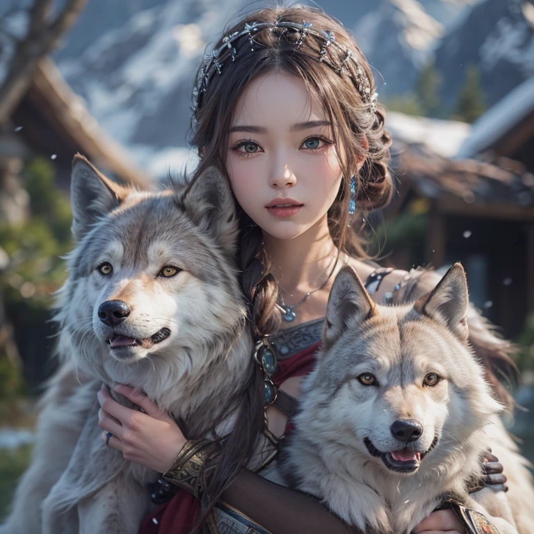 Lakeside surrounded by snowy mountains、Hair flow、 ((highest quality、masterpiece、8k、Best image quality、Ultra-high resolution、Award-winning works)、(Accurate anatomy:1.1)、(Look at me and smile:1.1)、Shining fair skin with Ultra-high resolution、The most detailed face、Ultra-high resolution detailed face、Ultra-high resolutionの髪の毛、(Ultra-high resolutionの煌めく瞳:1.1)、Beautiful face drawn in every detail、Ancient Viking clothing, Chest to chest, tattoo, A real wolf is by your side