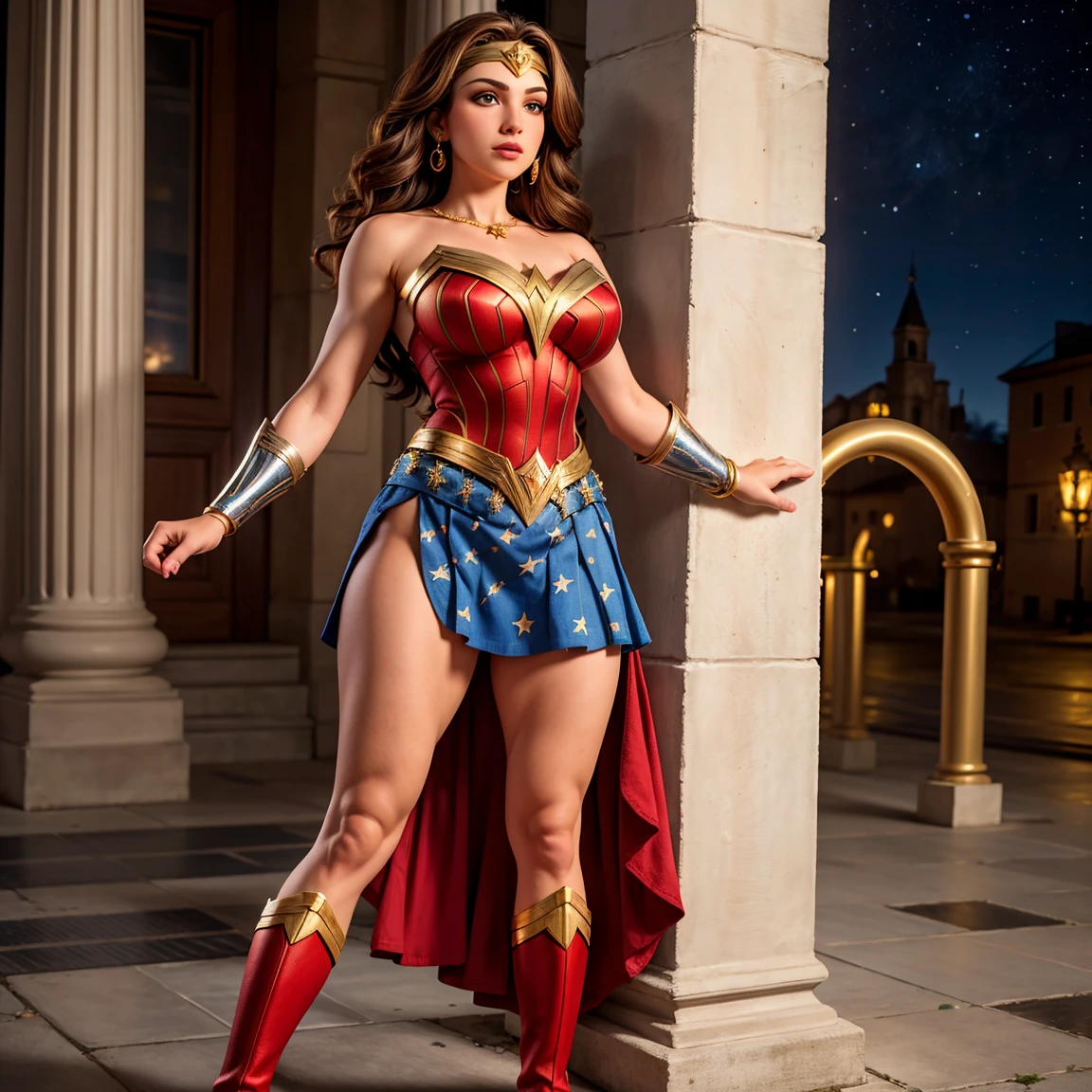 UHD, Obra de arte, preciso, Anatomicamente correto, super detalhe, detalhes altos, alta qualidade, melhor qualidade, 8K, high resolution. Heroine Wonder Woman looks beautiful in full body photo. Olhos castanhos e longos cabelos negros a transformam em uma deusa da beleza. A roupa da Mulher Maravilha consiste em um vermelho, azul, e traje dourado. O traje inclui um top vermelho com detalhes dourados, a azul star-spangled skirt, Botas vermelhas com detalhes dourados, pulseiras de ouro, um cinto de ouro, e uma tiara com uma estrela vermelha. ela parece muito sexy, drawing attention to her large breasts and muscular body.
