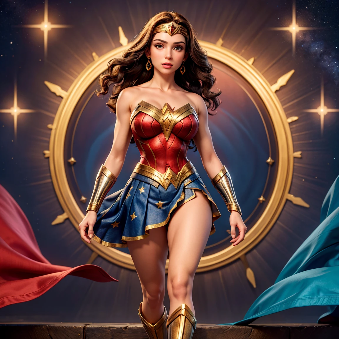 UHD, Obra de arte, preciso, Anatomicamente correto, super detalhe, detalhes altos, alta qualidade, melhor qualidade, 8K, high resolution. Heroine Wonder Woman looks beautiful in full body photo. Olhos castanhos e longos cabelos negros a transformam em uma deusa da beleza. A roupa da Mulher Maravilha consiste em um vermelho, azul, e traje dourado. O traje inclui um top vermelho com detalhes dourados, a azul star-spangled skirt, Botas vermelhas com detalhes dourados, pulseiras de ouro, um cinto de ouro, e uma tiara com uma estrela vermelha. ela parece muito sexy, drawing attention to her large breasts and muscular body.