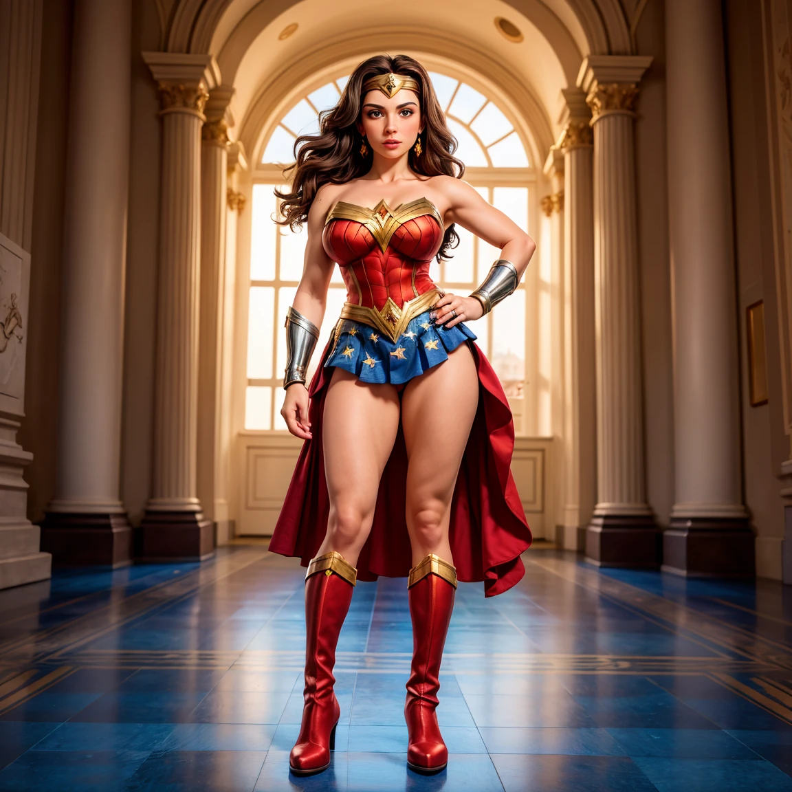 UHD, Obra de arte, preciso, Anatomicamente correto, super detalhe, detalhes altos, alta qualidade, melhor qualidade, 8K, high resolution. Heroine Wonder Woman looks beautiful in full body photo. Olhos castanhos e longos cabelos negros a transformam em uma deusa da beleza. A roupa da Mulher Maravilha consiste em um vermelho, azul, e traje dourado. O traje inclui um top vermelho com detalhes dourados, a azul star-spangled skirt, Botas vermelhas com detalhes dourados, pulseiras de ouro, um cinto de ouro, e uma tiara com uma estrela vermelha. ela parece muito sexy, drawing attention to her large breasts and muscular body.