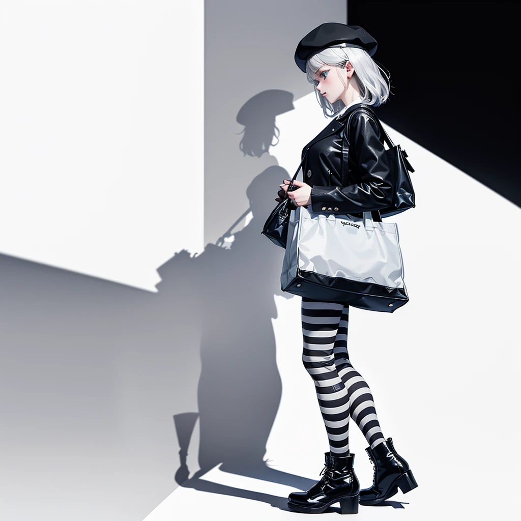 (masterpiece),(highest quality:1.2),(Perfect Anatomy),Exquisite detail,((A girl carrying a large white tote bag)),Silver Hair,Small breasts,Beautiful detailed blue eyes,Black jacket,((Black and white horizontal striped tights)),Black short boots,Black Beret,(((From the side))),White City,(Background made up of lines and shadows),Monotone background,whole body