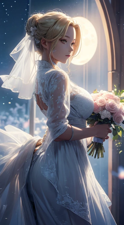 masterpiece, high quality, 4K, Beautiful design, silhouette,blonde,Side Tail, 非常に詳細な夜のStarry Sky,Flower Field, wonderful, Finer details, Very knowledgeable woman, Highly detailed solo, 1 female,Beautiful Eyes,Big Breasts,white prom dress,Bouquet of roses,Night view,Starry Sky,full moon,