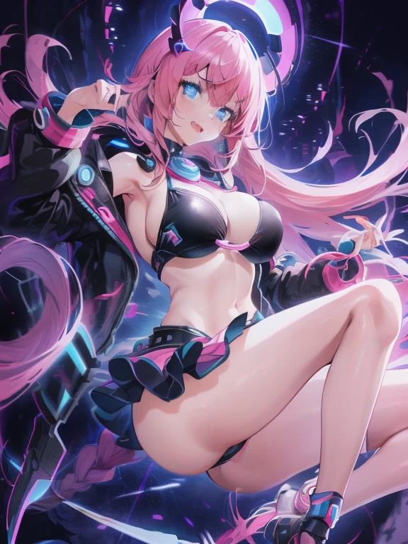 ((masterpiece)), ((best quality)), (Very detailed), ((Kawaii)), charming的, (charming), ((Sexy)), ((Very detailed)), 4k, (8K), best quality, (beautiful), (Anime style:1.2), Flat Color, , rest, Dynamic poses ((National Foundation)), rest, Upper Body, grade, Beautiful girl with Pink Hair,disheveled hair,long Pink Hair, hammerhead shark, White pupil,The legs are very thin,Very long legs, Blue eyelashes, masterpiece, rest, 1 girl ((20 years old)), Cyberpunk, Black bikini, The role played by Hanji Mili, Bangs, Dressed to perfection, thigh, have, Fortnite, Uterus tattoo, rest, Large Breasts, Smile, open mouth, long hair, hammerhead shark, (Pink Hair, Deep blue eyes:1.2), Bright Eyes, (Perfect eyes:1.2), (Perfect iris:1.2), rest, (Cool), rest, sparkling, Super shiny figure, sparkling, Cute face, Kawaii, Large Breasts, fine hair, disheveled hair, rest, Gray background , ((low shooting angle, Ground view)) High and high,Thin, 8K, From surrealism, Official Art, National Foundation,pretty short skirt,sit,Expose a beautiful ass