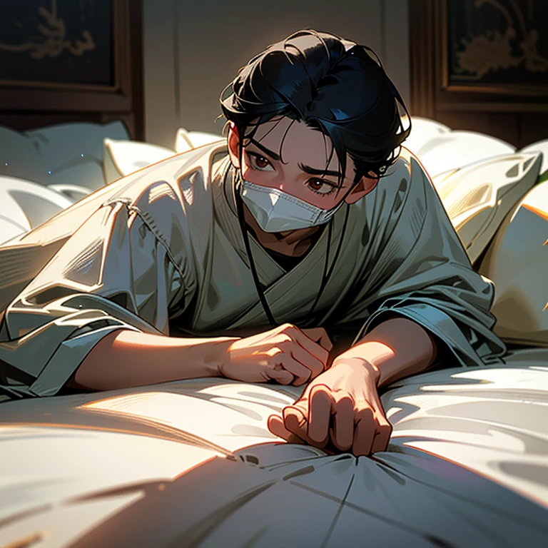 a young boy around 10 years old, handsome, wearing a white mask, looking uncomfortable and pained, lying in bed with a high fever, coughing, exhausted, measuring temperature with a thermometer, nearly dying, with a cooling gel sheet on his forehead, dramatic lighting, cinematic composition, muted colors, somber mood, hyper-realistic, award-winning photography, (best quality,4k,8k,highres,masterpiece:1.2),ultra-detailed,(realistic,photorealistic,photo-realistic:1.37),HDR,UHD,studio lighting,extreme detail description,vivid colors