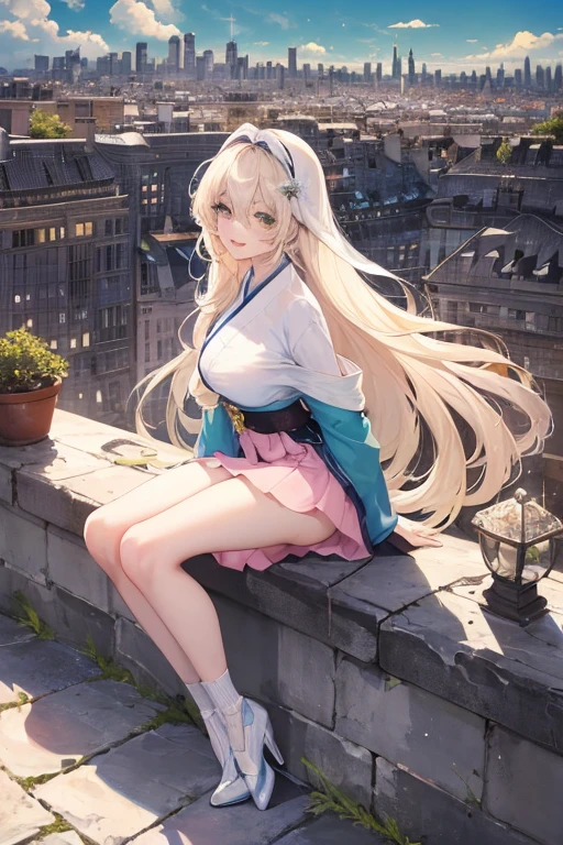 Official Art, masterpiece, Clear focus, (beautiful, Beautiful and cute Korean woman:1.3), (Beautiful and cute Korean:1.3), Korean beauty, 精致beautiful头发、Eyes and face, actual, Super detailed, beautiful女孩, Blue sky, Glowing white particles, (Side Light:1.2), Sunlight, White Cloud, Detailed clouds, Slim, Such a cute big ass, Smile with teeth bared, ((Smile with your eyes, Open your eyes)), landscape, Long straight hair, sexy facial expression, architecture, (city View:1.7), Dynamic Hair, very Long straight hair, Delicate platinum-blonde hair, Green Eyes, Pink skirt, Black socks, Pale skin, Hair accessories, epic landscape,,White high heels,Nice ass,beautiful buttocks,There's nothing under the skirt.,weight loss
