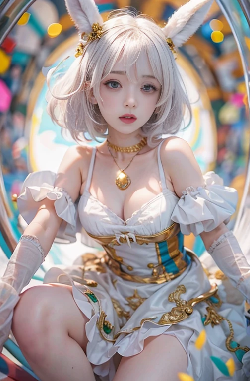 28 years old, Wide-angle lens, Woman in a very colorful clown costume、Woman enjoying merry-go-round at night,thin、Serious expression、Short-haired、Deadly position, Gorgeous Necklace, Light milky porcelain skin, Smooth, Translucent white skin, Enchanting anime girl, Beautiful and seductive anime woman, Super realistic sweet bunny ears girl, Pale porcelain white skin, Smooth, Realistic and perfect body, Anime Girl Cosplay, Perfect body with realistic shadows, Switzerland'masterpiece, There is a real white rabbit.
