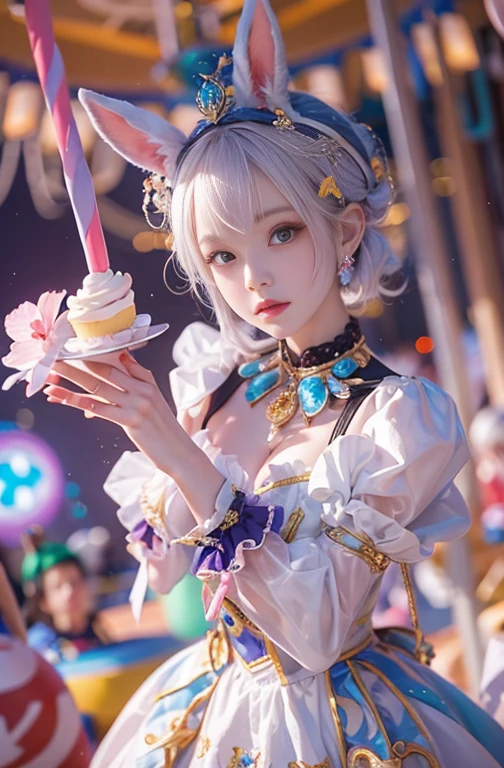 28 years old, Wide-angle lens, Woman in a very colorful clown costume、Woman enjoying merry-go-round at night,thin、Serious expression、Short-haired、Deadly position, Gorgeous Necklace, Light milky porcelain skin, Smooth, Translucent white skin, Enchanting anime girl, Beautiful and seductive anime woman, Super realistic sweet bunny ears girl, Pale porcelain white skin, Smooth, Realistic and perfect body, Anime Girl Cosplay, Perfect body with realistic shadows, Switzerland'masterpiece, There is a real white rabbit.