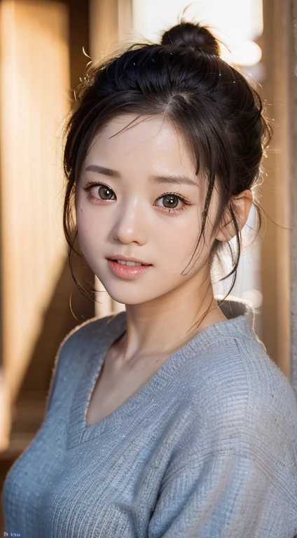 masterpiece, highest quality, Raw foto, photorealistic, smile, beautiful girl, cute, Hair up, Depth of the bounds written, High resolution, Super detailed, details, highly detailed eyes and face, mesmerizing black eyes, Realistic pupils, sharp focus, Cinematic lighting, cowboy shot, face on camera, half body photo