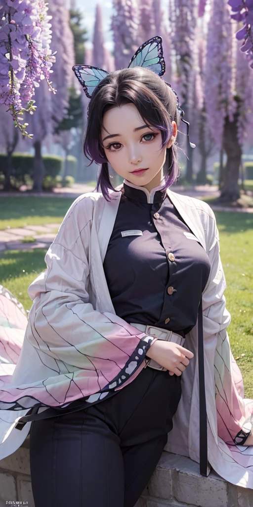 Ultra-realistic 8k CG,masterpiece,((ultra-detailed background, delicate pattern, intricate details)),best quality,very detailed face,extremely detailed eyes and face,extremely detailed eyes,kochou shinobu,multicolored hair,no bangs,hair intakes,purple eyes,forehead,black shirt,black pants,haori,butterfly,buttons,belt,(Garden:1.2),purple flower,chibi,cloudy sky,sunlight,Tindal effect,gradient_sky,face,Gorgeous sky,Waist Sabre,Charming posture,