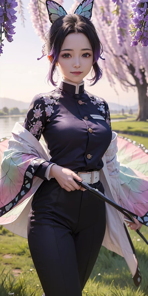 Ultra-realistic 8k CG,masterpiece,((ultra-detailed background, delicate pattern, intricate details)),best quality,very detailed face,extremely detailed eyes and face,extremely detailed eyes,kochou shinobu,multicolored hair,no bangs,hair intakes,purple eyes,forehead,black shirt,black pants,haori,butterfly,buttons,belt,(Garden:1.2),purple flower,chibi,cloudy sky,sunlight,Tindal effect,gradient_sky,face,Gorgeous sky,Waist Sabre,Charming posture,