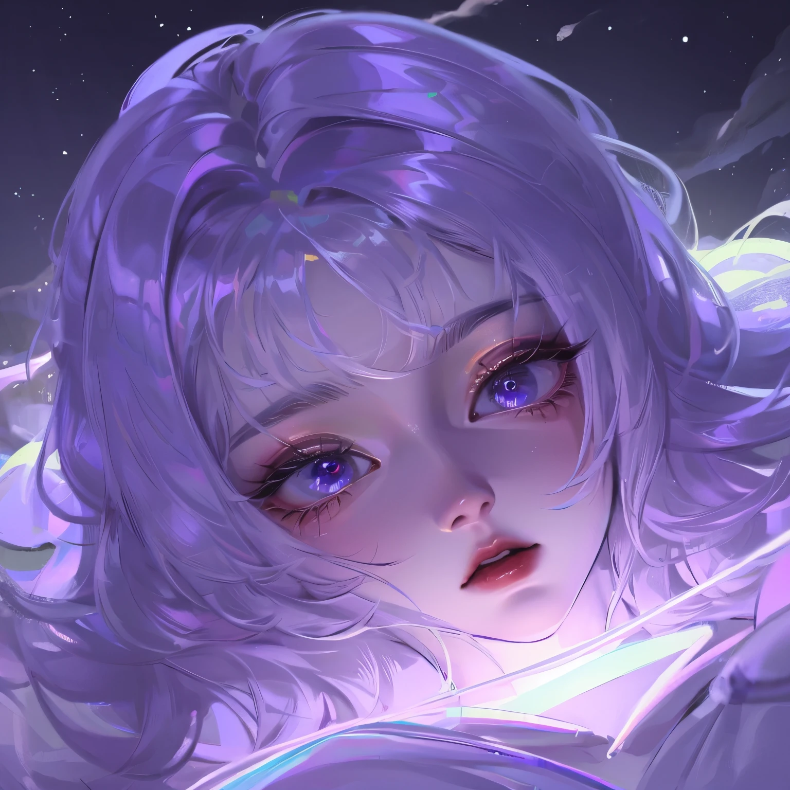 masterpiece, Amazing girl, Cute girl, Break, High detail eyes, Perfect eyes, portrait, High detail face, The same vision, glare, Rainbow Colors, Global Illumination, Soft Light, dreamy light, number, 8K close-up, fantasy, Night Sky, Star, nebula, White crystal, moonlight, peaceful, summer, (8K:1.1)