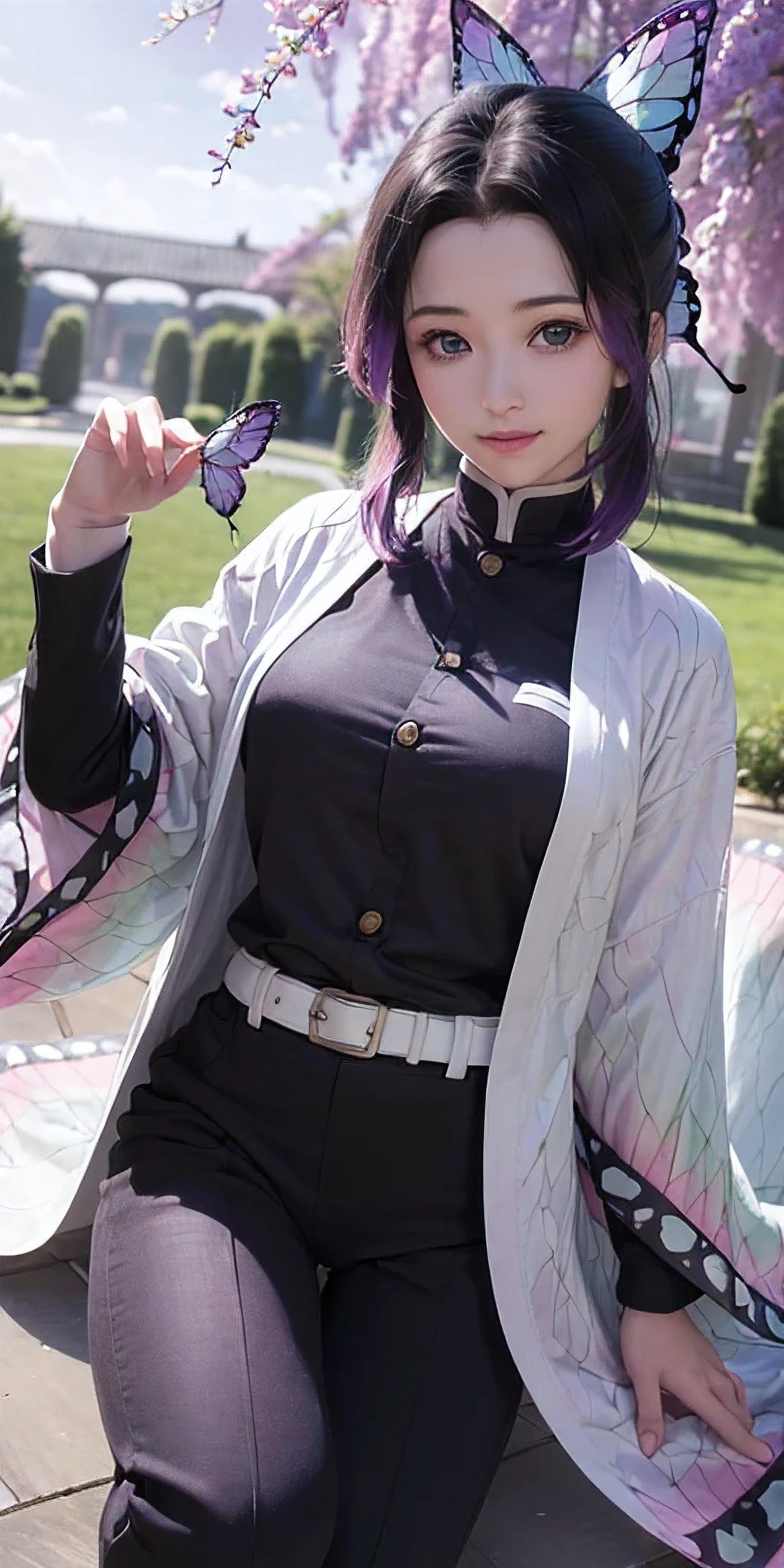Ultra-realistic 8k CG,masterpiece,((ultra-detailed background, delicate pattern, intricate details)),best quality,very detailed face,extremely detailed eyes and face,extremely detailed eyes,kochou shinobu,multicolored hair,no bangs,hair intakes,purple eyes,forehead,black shirt,black pants,haori,butterfly,buttons,belt,(Garden:1.2),purple flower,chibi,cloudy sky,sunlight,Tindal effect,gradient_sky,face,Gorgeous sky,Waist Sabre,Charming posture,