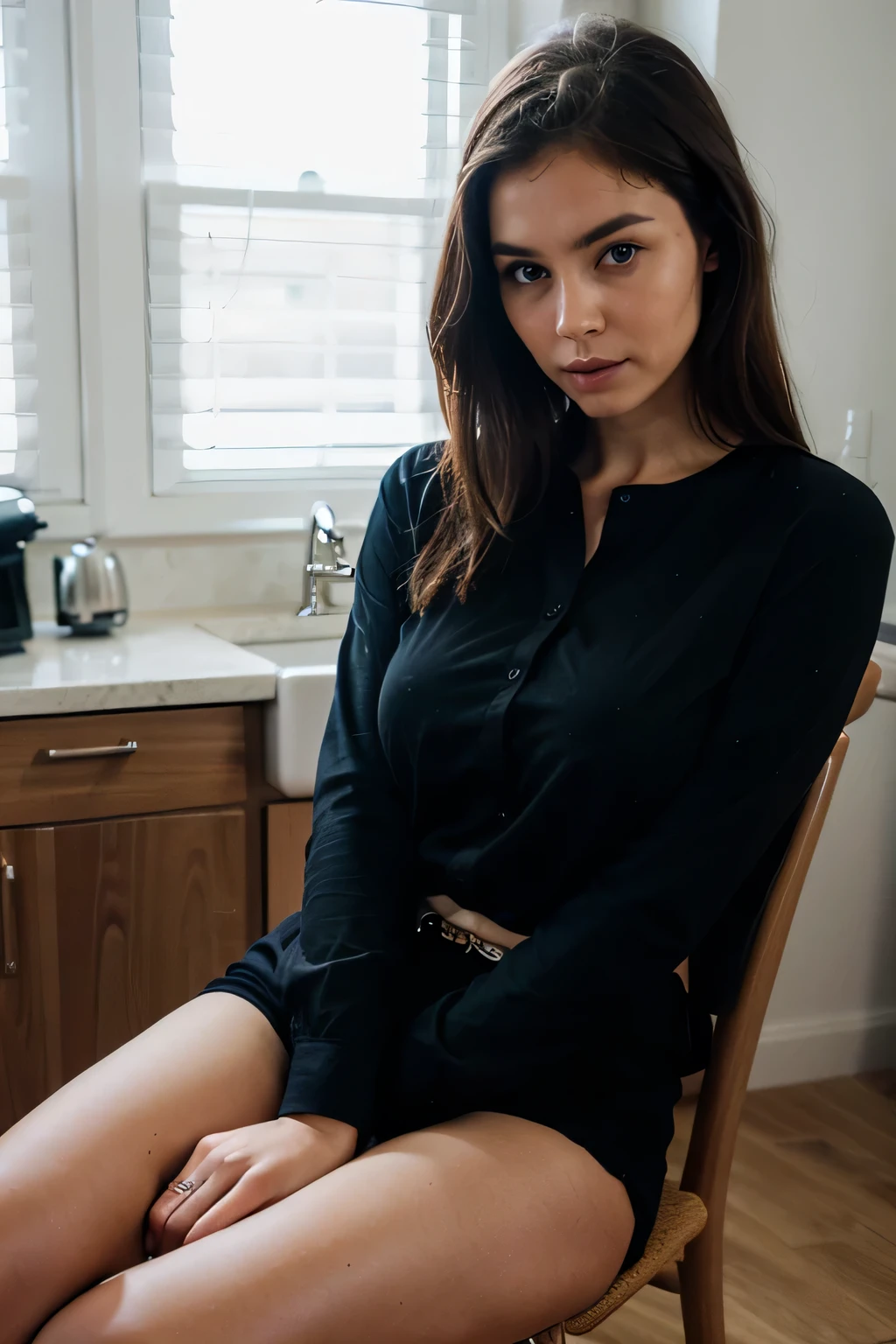 close up of a Swedish woman with dark brown bold eye extremely realistic 36DD breast sitting in a chair with her legs crossed, sitting on chair, sitting on a chair, sitting in chair, sitting in a chair, sitting on a bed, sitting on an armchair, siting in a chair, sitting on the bed, clothed in black  shirt , attractive pose, in a comfortable in kitchen, sitting on a table with shirt button are properly tugging with shirt button properly tugging 