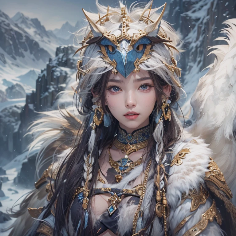 Hiding in the snowy mountains、Hair flow、 ((highest quality、masterpiece、8k、Best image quality、Ultra-high resolution、Award-winning works)、(Accurate anatomy:1.1)、(Look at me and smile:1.1)、Shining fair skin with Ultra-high resolution、The most detailed face、Ultra-high resolution detailed face、Ultra-high resolutionの髪の毛、(Ultra-high resolutionの煌めく瞳:1.1)、Beautiful face drawn in every detail、(Blurred Background:1.1)、Ancient Inuit clothing, Chest to chest, tattoo, Old ruins in the background、Apart from the real giant eagle