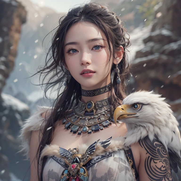 Hiding in the snowy mountains、Hair flow、 ((highest quality、masterpiece、8k、Best image quality、Ultra-high resolution、Award-winning works)、(Accurate anatomy:1.1)、(Look at me and smile:1.1)、Shining fair skin with Ultra-high resolution、The most detailed face、Ultra-high resolution detailed face、Ultra-high resolutionの髪の毛、(Ultra-high resolutionの煌めく瞳:1.1)、Beautiful face drawn in every detail、(Blurred Background:1.1)、Ancient Inuit clothing, Chest to chest, tattoo, Old ruins in the background、Apart from the real giant eagle