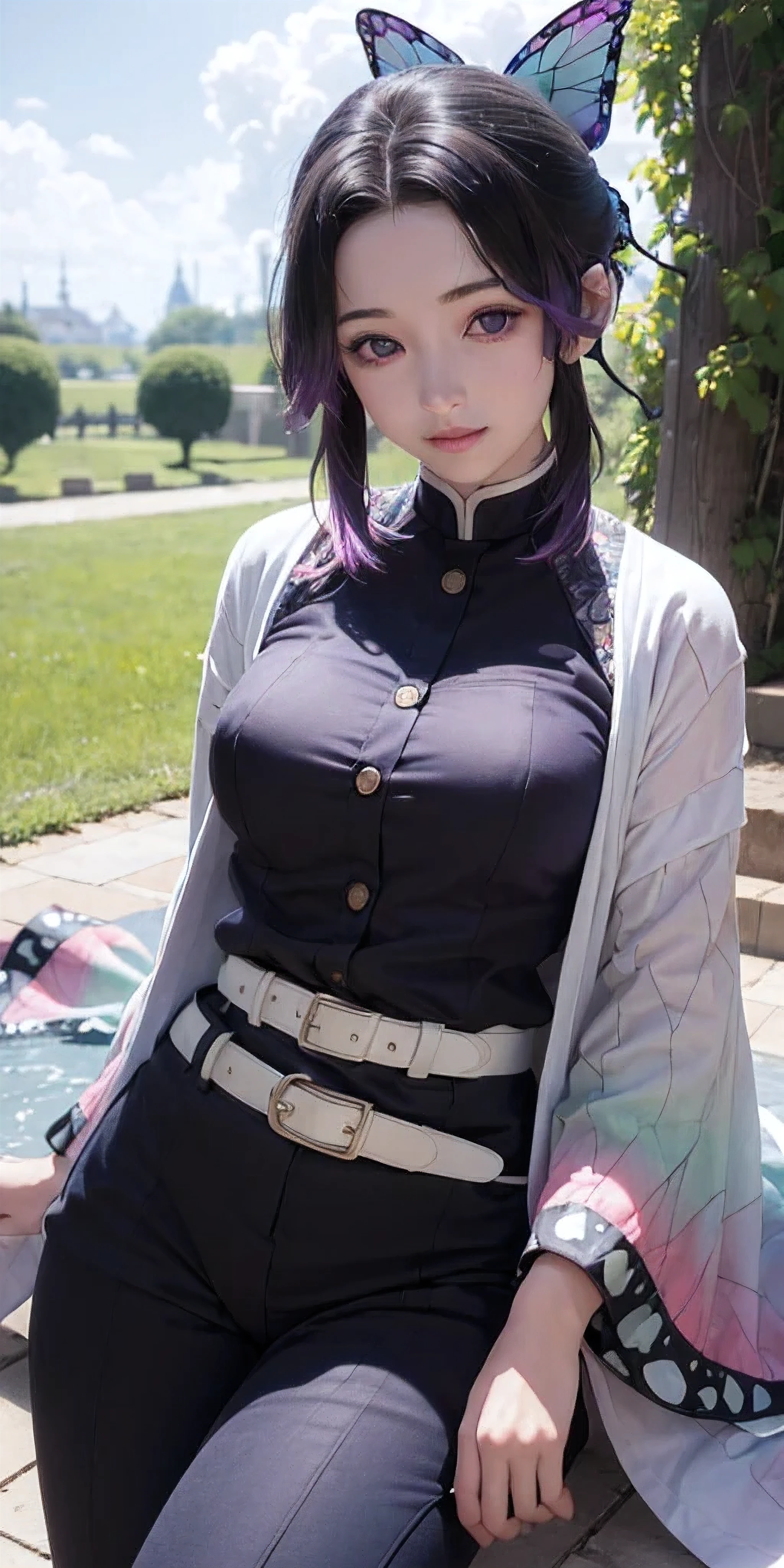 Ultra-realistic 8k CG,masterpiece,((ultra-detailed background, delicate pattern, intricate details)),best quality,very detailed face,extremely detailed eyes and face,extremely detailed eyes,kochou shinobu,multicolored hair,no bangs,hair intakes,purple eyes,forehead,black shirt,black pants,haori,butterfly,buttons,belt,(Garden:1.2),purple flower,chibi,cloudy sky,sunlight,Tindal effect,gradient_sky,face,Gorgeous sky,Waist Sabre,Charming posture,