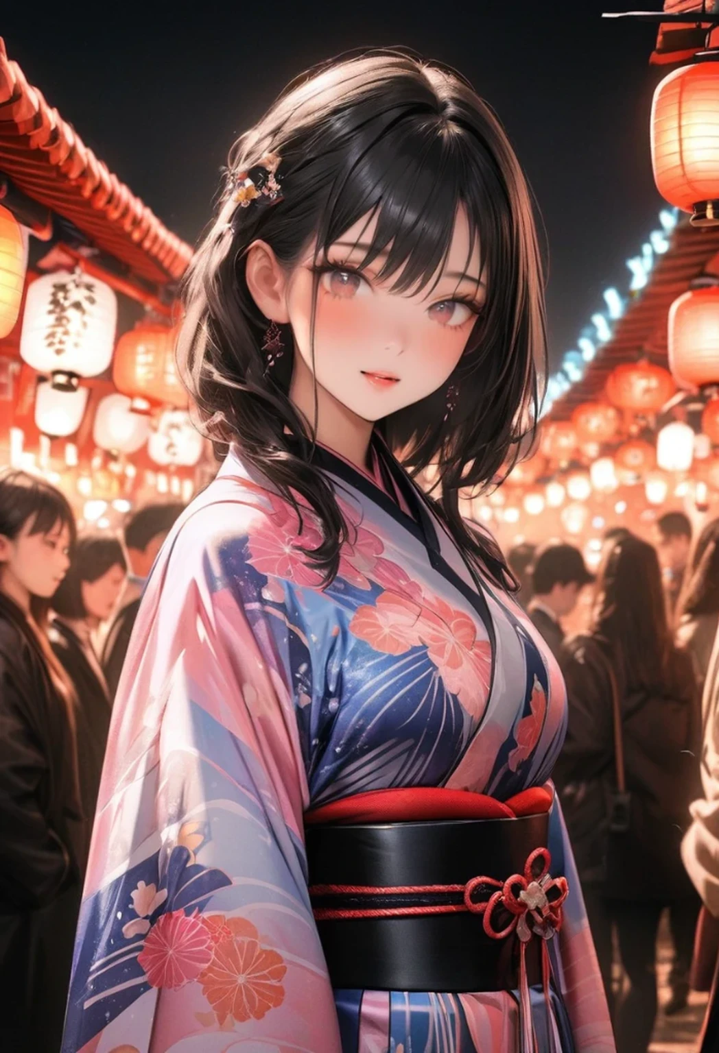 raw photo:1.2, masterpiece, highest quality, 16k, unbelievably absurd, very detailed, perfect beauty, (Shrine night festival, lanterns, nostalgic world), (modern furisode), beautiful cute girl, Shiny jet black hair, modern sauvage bob hair, through bangs, soft lighting, vibrant colors illustration, raw photo, 