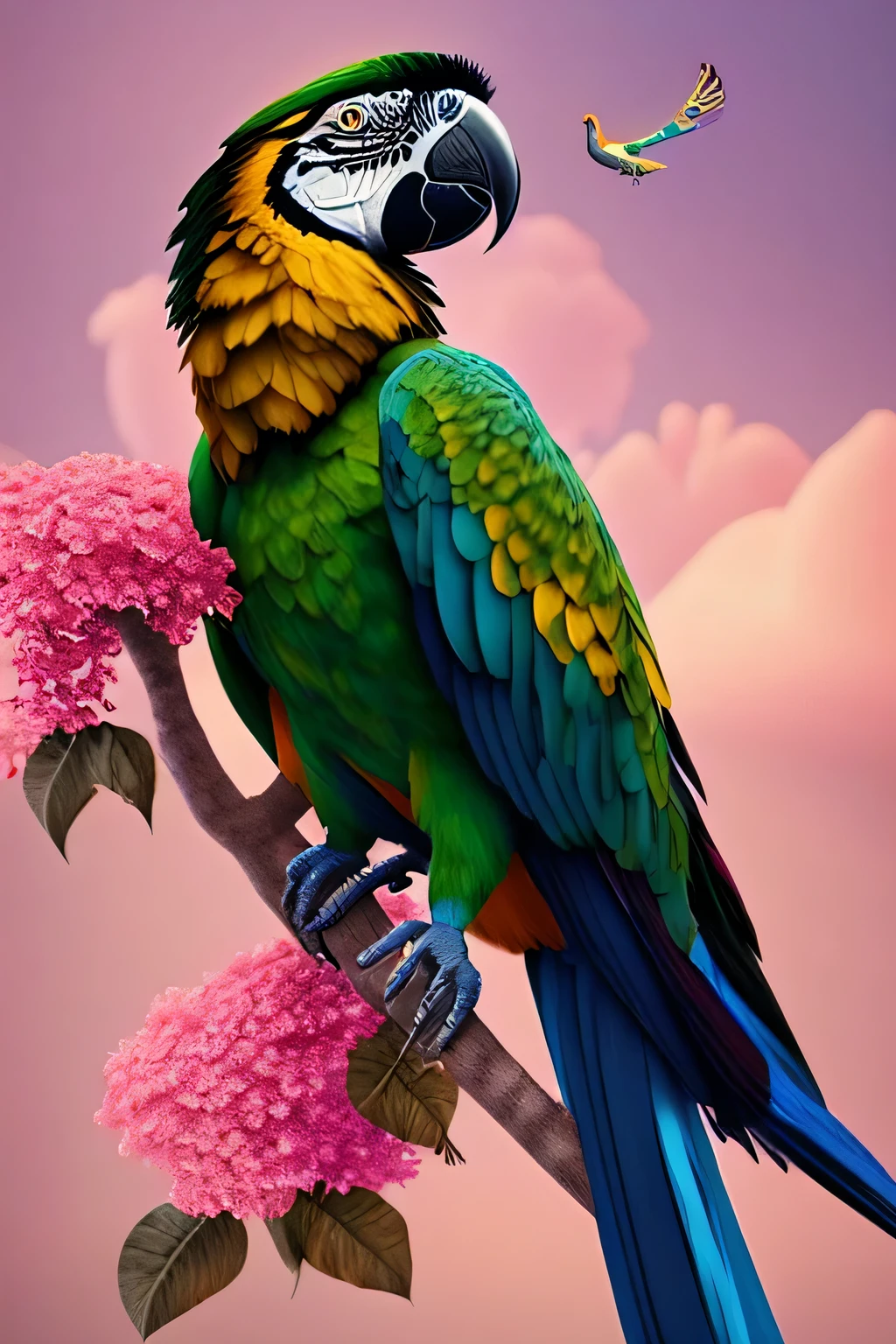 a Macaw sitting on a branch with pink flowers, cgi art, red-yellow colors, hyper-realistic sparrows, pinterest, photorealistic art style, in rich colors, an image generated out there, very detailed portrait, singing to you, breathtaking rendering