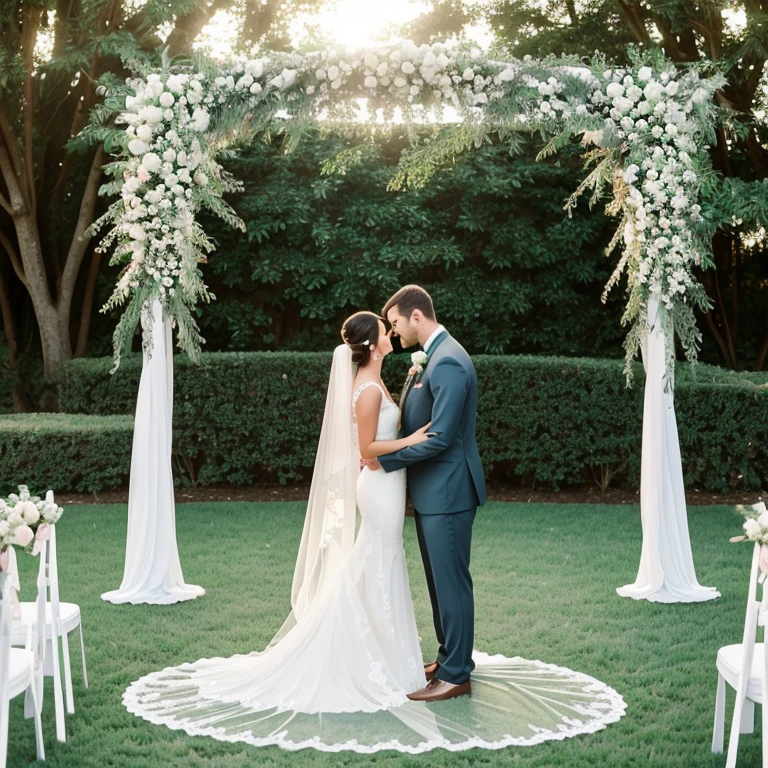 (best quality,4k,8k,highres,masterpiece:1.2),ultra-detailed,(realistic,photorealistic,photo-realistic:1.37),a 6-foot-tall woman in a white wedding dress,long white gloves, and a white garland,going to the wedding ceremony,beautiful detailed eyes,beautiful detailed lips,extremely detailed eyes and face,long eylashes,bouquet of fresh flowers,sunlit outdoor garden venue,vintage garden arch,pastel color palette,elegant lace details,soft, romantic atmosphere,whimsical elements,delicate veil flowing in the wind,joyful smiles and happy tears of wedding guests,traditional wedding vows,classical music playing softly,lush greenery and blooming flowers around her,twinkling fairy lights illuminating the scene,ethereal and dreamy ambiance,bride's radiant and confident expression,serene and peaceful surroundings,gentle breeze caressing her hair,graceful and elegant posture,sun rays filtering through the trees,creating magical light patterns,a sense of anticipation and excitement in the air,feeling of love and unity,beautifully decorated wedding aisle,white wooden chairs for guests,memorable and enchanting moment captured in time.