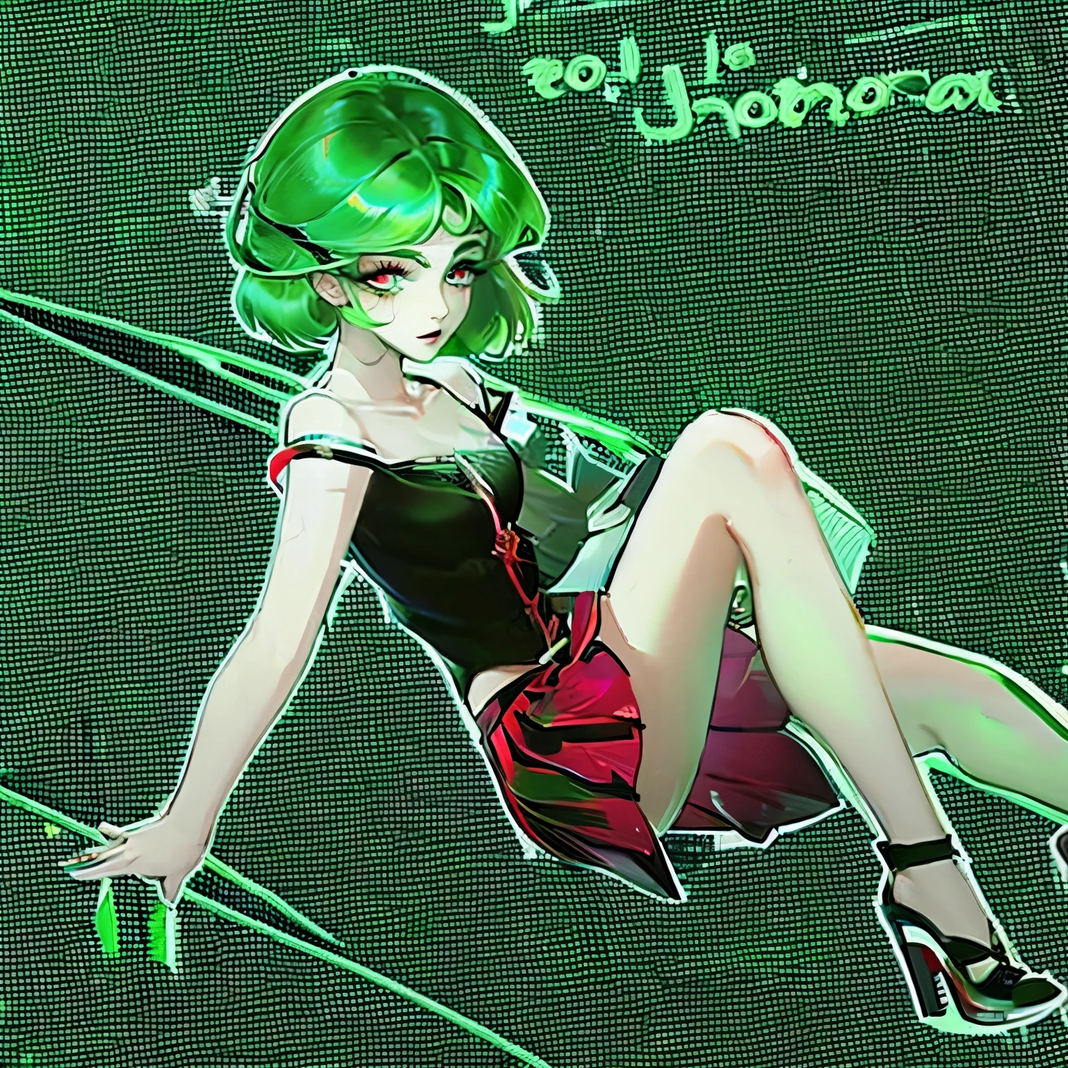 1 Girl, Green Hair, Red Eyes, skirt, short hair, (Solitary:1.3),