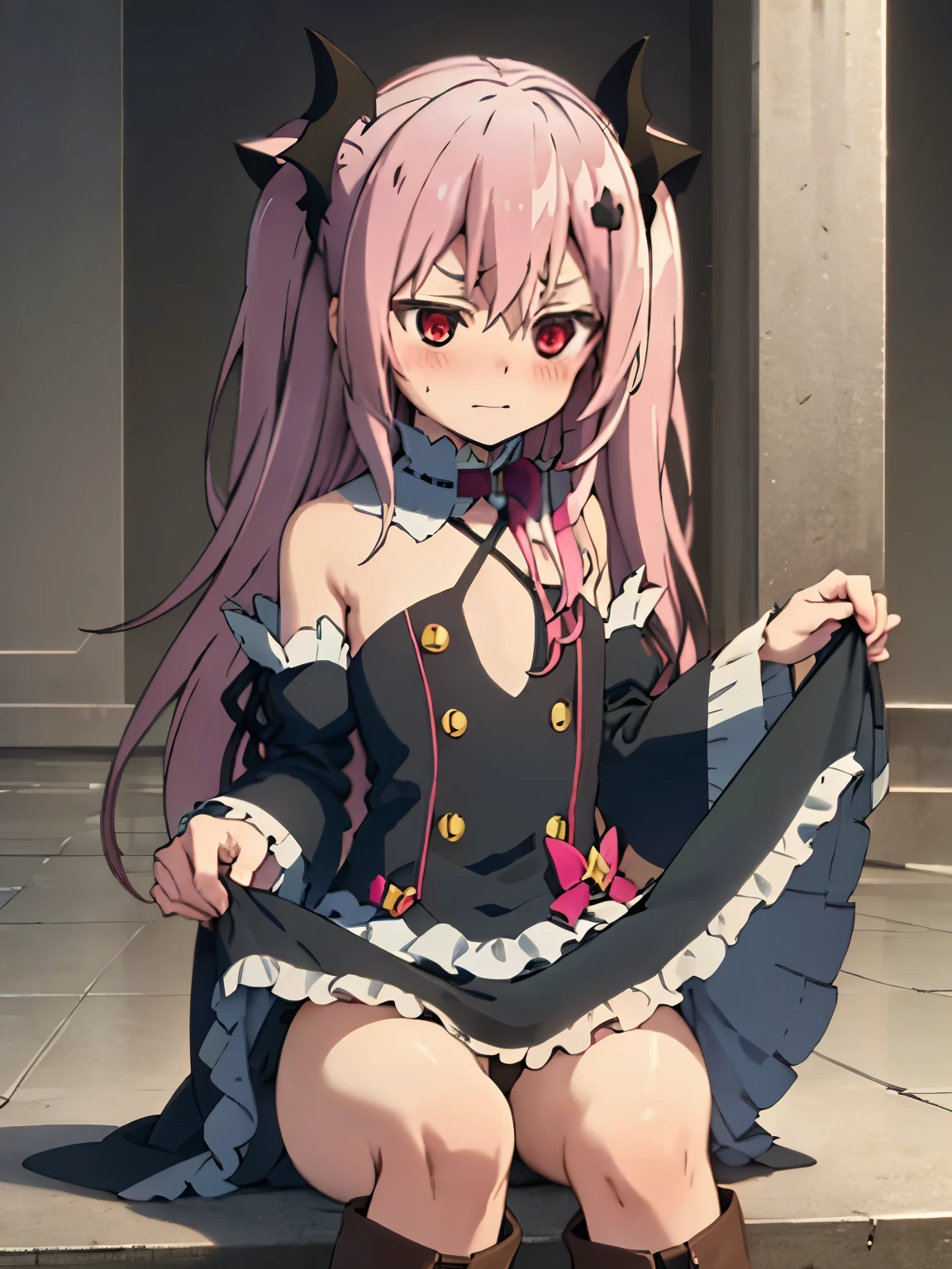 NSFW,Krul Tepes、Red eyes、Flat Chest、Long Hair、Pink Hair、Two Side Up、hair ornaments、boots、Black Dress、Bare shoulders、Wide sleeves、ribbon,(Perfect hands),(Perfect Anatomy),(masterpiece),(highest quality),Embarrassed,blush,(Skirt Lift:1.5),High-quality lingerie,Sitting,Leg spread